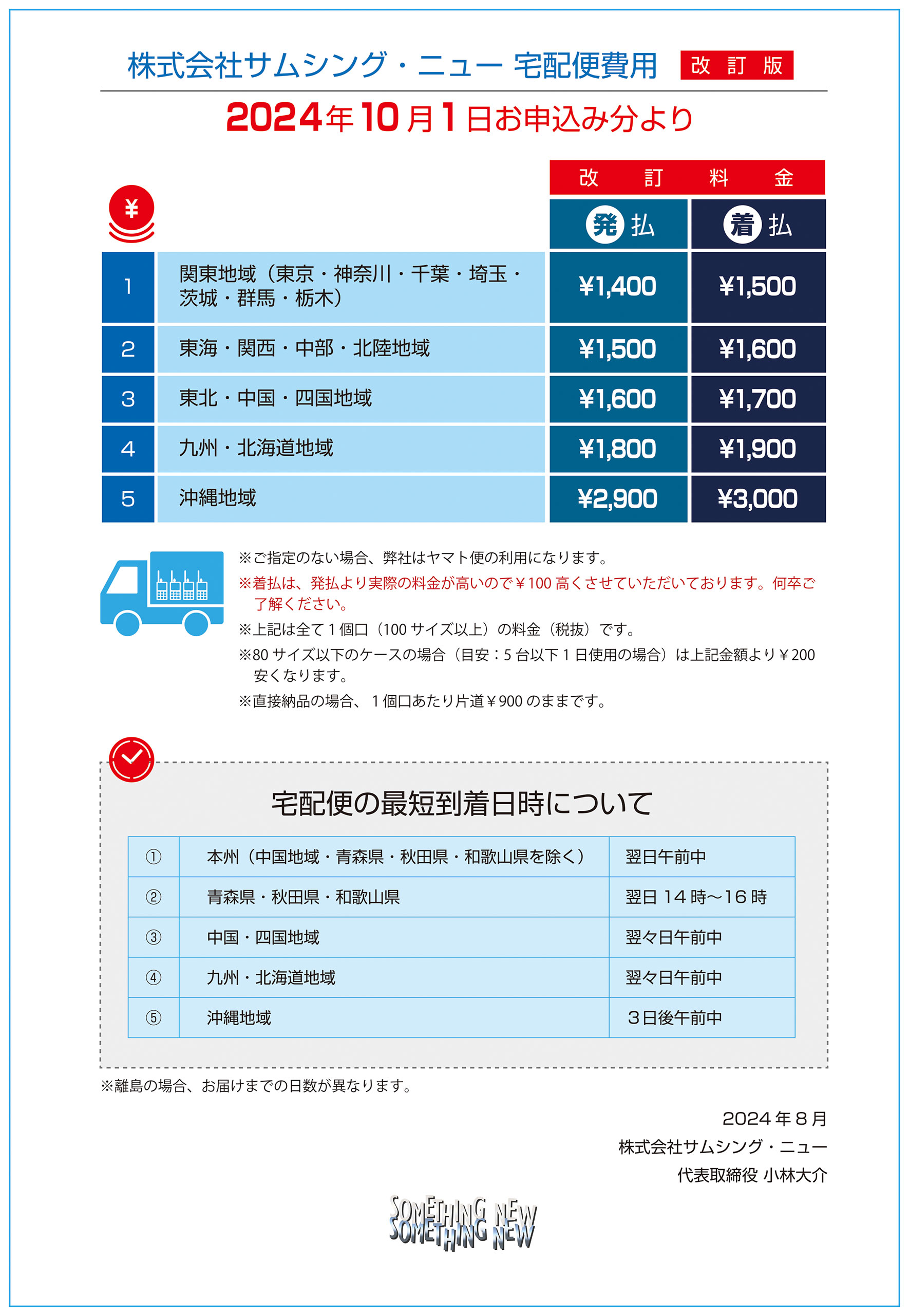 株式会社サムシング・ニュー 宅配便費用改訂版（2023年10月1日お申し込み分より）